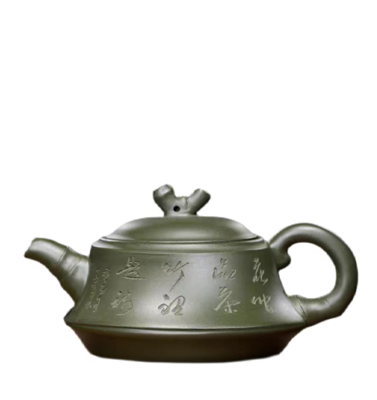 绿泥紫砂茶壶刻绘一品竹段茶具